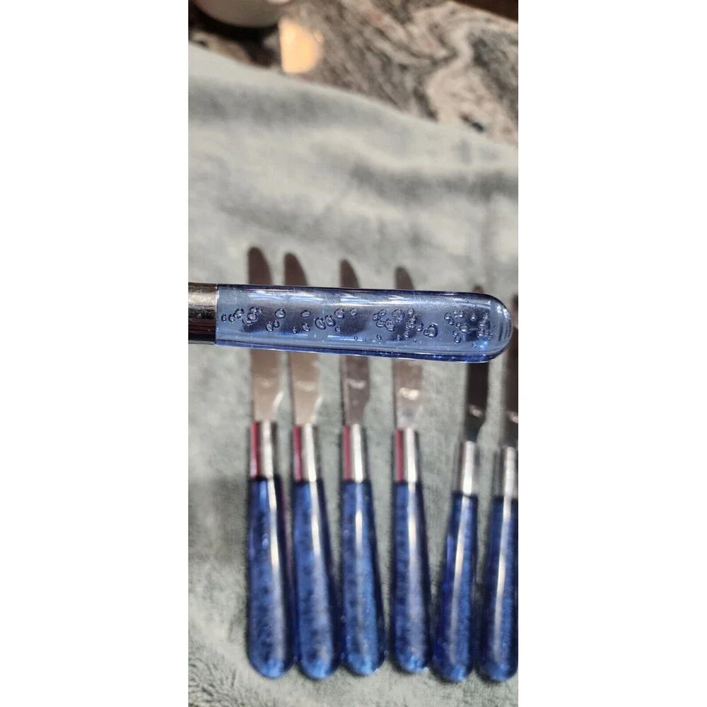 Vtg Flatware Stainless Steel Silverware 10 Settings Blue Lucite Plastic